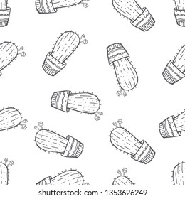 Seamless pattern of various cactus plant on pot hand drawn in black and white doodle vector style