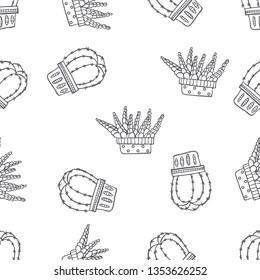 Seamless pattern of various cactus plant on pot hand drawn in black and white doodle vector style