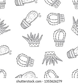 Seamless pattern of various cactus plant on pot hand drawn in black and white doodle vector style