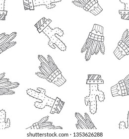 Seamless pattern of various cactus plant on pot hand drawn in black and white doodle vector style