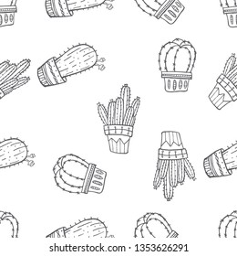 Seamless pattern of various cactus plant on pot hand drawn in black and white doodle vector style