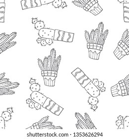 Seamless pattern of various cactus plant on pot hand drawn in black and white doodle vector style
