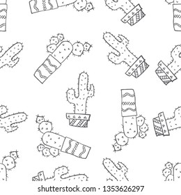 Seamless pattern of various cactus plant on pot hand drawn in black and white doodle vector style