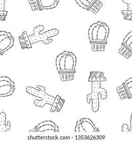 Seamless pattern of various cactus plant on pot hand drawn in black and white doodle vector style