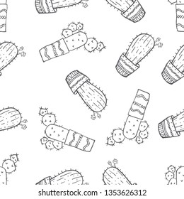 Seamless pattern of various cactus plant on pot hand drawn in black and white doodle vector style