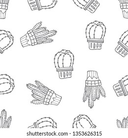 Seamless pattern of various cactus plant on pot hand drawn in black and white doodle vector style