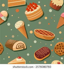 Seamless pattern with various cakes, breads and ice creams