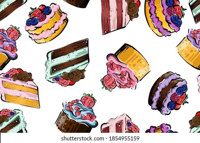 Seamless pattern of various cakes, color, vector