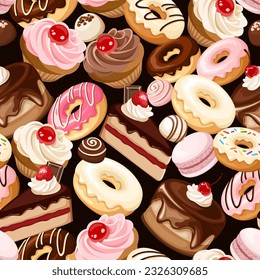 Patrón sin foco con varios pasteles, quequitos, macarons, donuts, caramelos y otros dulces sobre un fondo negro. Ilustración del vector