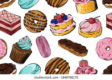 Seamless pattern of various cakes and muffins, hand drawn vector