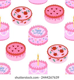 Nahtloses Muster mit verschiedenen Kuchen mit Rosen, Kerzen und Herzen. Festliche Musik Geburtstagskuchen Vektorgrafik flacher Hintergrund