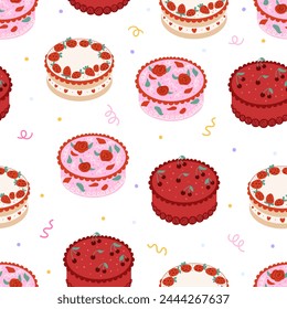 Seamless pattern with various cakes with strawberries, cherries, flowers and hearts. Holiday birthday cake vector flat background