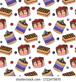 Seamless pattern with various cakes. Sweets. Endless texture for your design.Vector illustration.