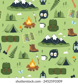 Patrón sin costuras con varios artículos de camping. Vector gráfico.