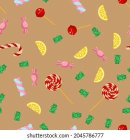 Seamless pattern with various candies. Colorful sweets. Cartoon style.