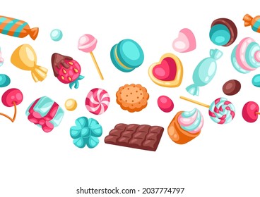 Seamless pattern various candies and sweets. Confectionery or bakery stylized illustration.