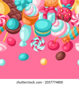 Seamless pattern various candies and sweets. Confectionery or bakery stylized illustration.