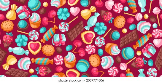 Seamless pattern various candies and sweets. Confectionery or bakery stylized illustration.