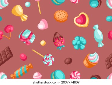 Seamless pattern various candies and sweets. Confectionery or bakery stylized illustration.