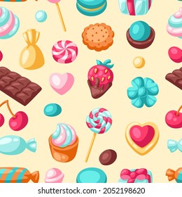 Seamless pattern various candies and sweets. Confectionery or bakery stylized illustration.