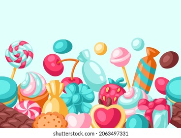 Seamless pattern various candies and sweets. Confectionery or bakery stylized illustration.