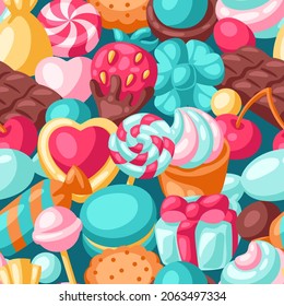 Seamless pattern various candies and sweets. Confectionery or bakery stylized illustration.