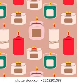 Seamless Pattern with Various Candles. Different shapes and sizes. Pillar, jar candle, square, container candle, multi wick. Decorative wax candles for relax and spa