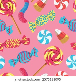 Seamless pattern with various candy and sweets. Hand drawn vector illustration with pink background