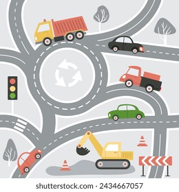 Seamless pattern with various cars, traffic lights and road signs on a grey background. Illustration of highway in a cute children's style for Wallpaper, fabric, and textile design. Flat Vector