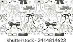 Seamless pattern with various cartoon bow knots, gift ribbons. Trendy hair braiding accessory. Hand drawn vector illustration. Valentine's day black and white background.