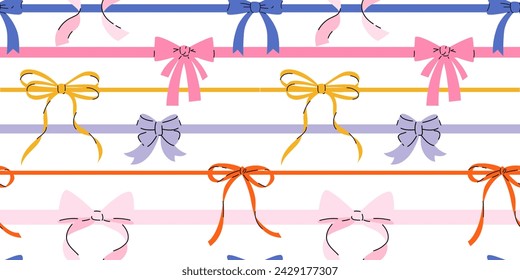 Seamless pattern with various cartoon bow knots, gift ribbons. Trendy hair braiding accessory. Hand drawn vector illustration. Holiday background.