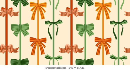 Seamless pattern with various cartoon bow knots, gift ribbons. Trendy hair braiding accessory. Hand drawn vector illustration. Holiday background.