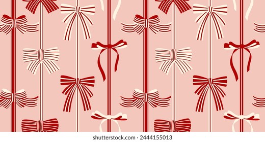 Seamless pattern with various cartoon bow knots, gift ribbons. Trendy hair braiding accessory. Hand drawn vector illustration. Holiday background.