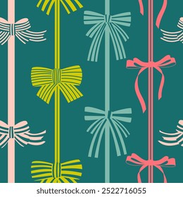 Seamless pattern with various cartoon bow knots, gift ribbons. Trendy hair braiding accessory. Hand drawn vector illustration. Holiday background.