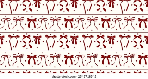 Seamless pattern with various cartoon bow knots, gift ribbons. Trendy hair braiding accessory. Hand drawn vector illustration. Holiday background. Horizontal stripe vintage wallpaper.