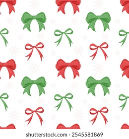 Seamless pattern with various cartoon bows, isolated on white. Gift ribbon in a bow for gift wrapping. Hand drawn vector illustration with colorful bows for wrapping paper. Christmas, New Year.