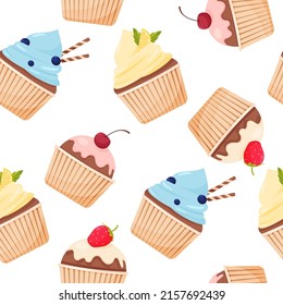 Seamless pattern with various cartoon cupcakes with fruit and cream. Strawberry, lemon, cherry, blueberry cupcake. Vector illustration for kitchen textiles, notepad and other purposes.