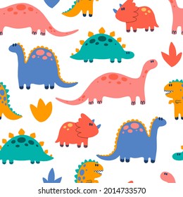 Seamless pattern with various cartoon dinosaurs. Cute dinosaur illustration. Hand drawn bright colored trendy Vector illustration. Funny characters. Cartoon style.