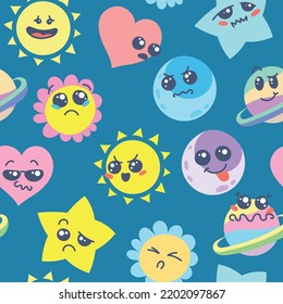 Seamless pattern with various cartoon emoticons. Doodle faces, eyes and mouth. Caricature comic expressive emotions, smiling, crying and surprised character face expressions. Isolated vector