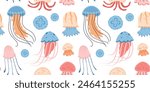 Seamless pattern of various Cartoon jellyfish flat style. Medusa vector illustration. Modern flat illustration Jellyfish isolated on white background.