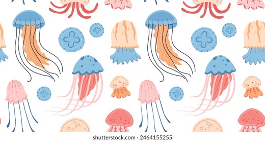 Seamless pattern of various Cartoon jellyfish flat style. Medusa vector illustration. Modern flat illustration Jellyfish isolated on white background.