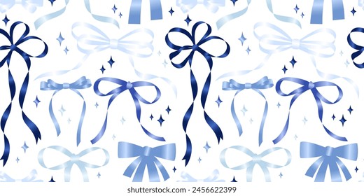 Seamless pattern with various cartoon satin blue bow knots, gift ribbons. Trendy hair braiding accessory. Hand drawn vector illustration. Valentine's day background.