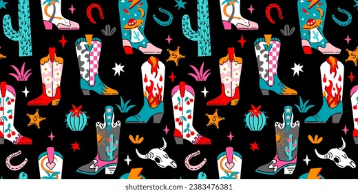 Seamless pattern with various cartoon style trendy cowboy boots in desert.
Groovy American western footwear. Vector funky illustration.