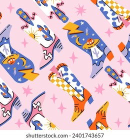 Seamless pattern with various cartoon style trendy cowboy boots in desert.
Groovy American western footwear. Vector funky hand drawn illustration.