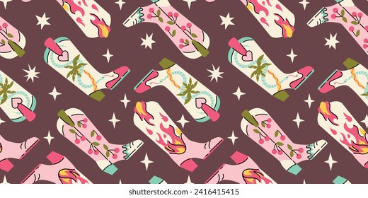 Seamless pattern with various cartoon style trendy cowboy boots in desert.
Groovy American western footwear. Vector funky hand drawn illustration.