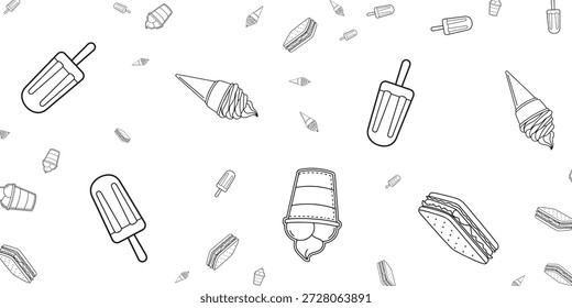 Un patrón sin fisuras de varios alimentos de estilo de dibujos animados que incluyen conos de helado, paletas de helado y sándwiches sobre un fondo blanco.