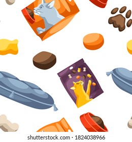 Seamless pattern with various cat items. Illustration of food and couch.