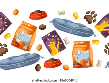 Seamless pattern with various cat items. Illustration of food and couch.