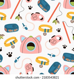 Seamless pattern of various cats accessories, equipment. Food, toys, house, kitten collar, leash, paws. Pet shop supplies assortment. Domestic cat goods. Products for animals. For wallpaper,  web