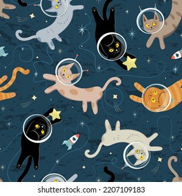 Seamless pattern with various cats astronauts in helmets playing among the stars in space